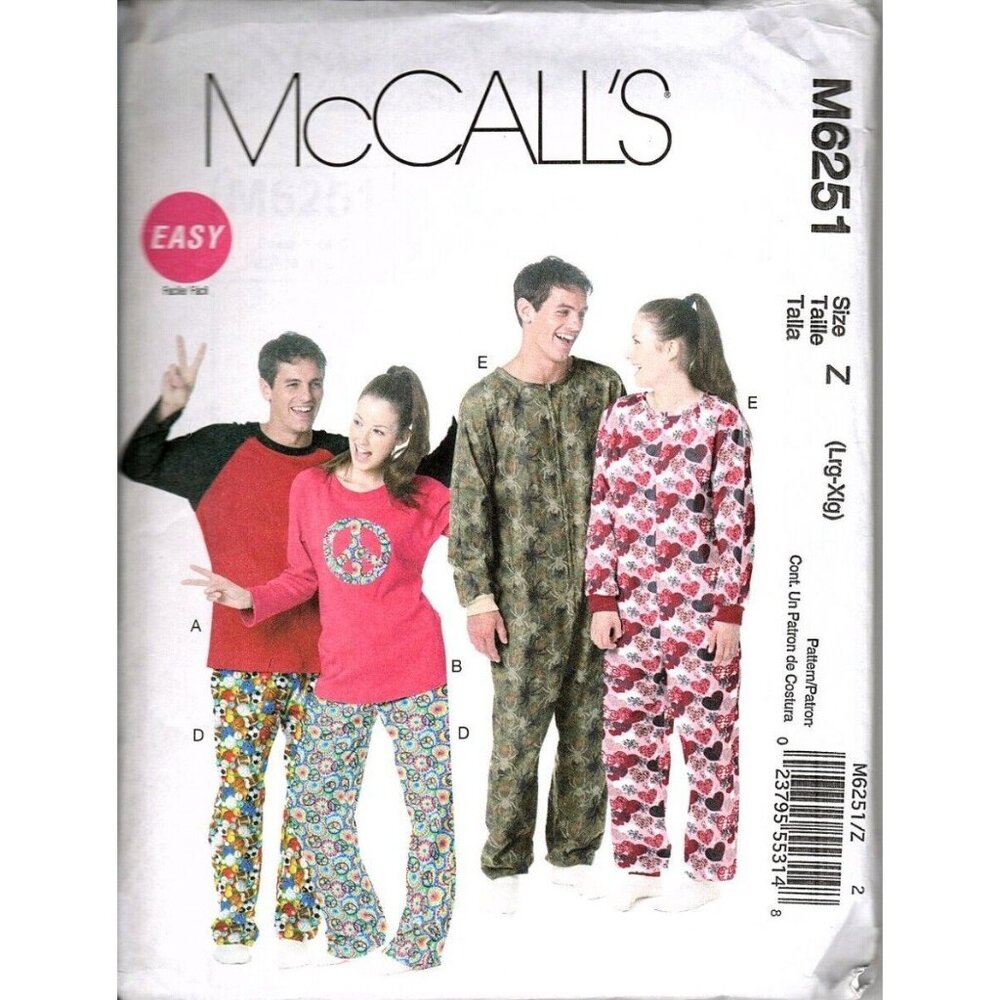 McCall's M6251 Adult L to XL Pajama Top, Bottoms and Jumpsuit Sewing Pattern
